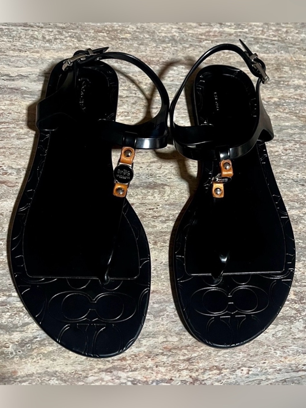 Coach Piccadilly Black Jelly Thong Strapped Flat Sandals